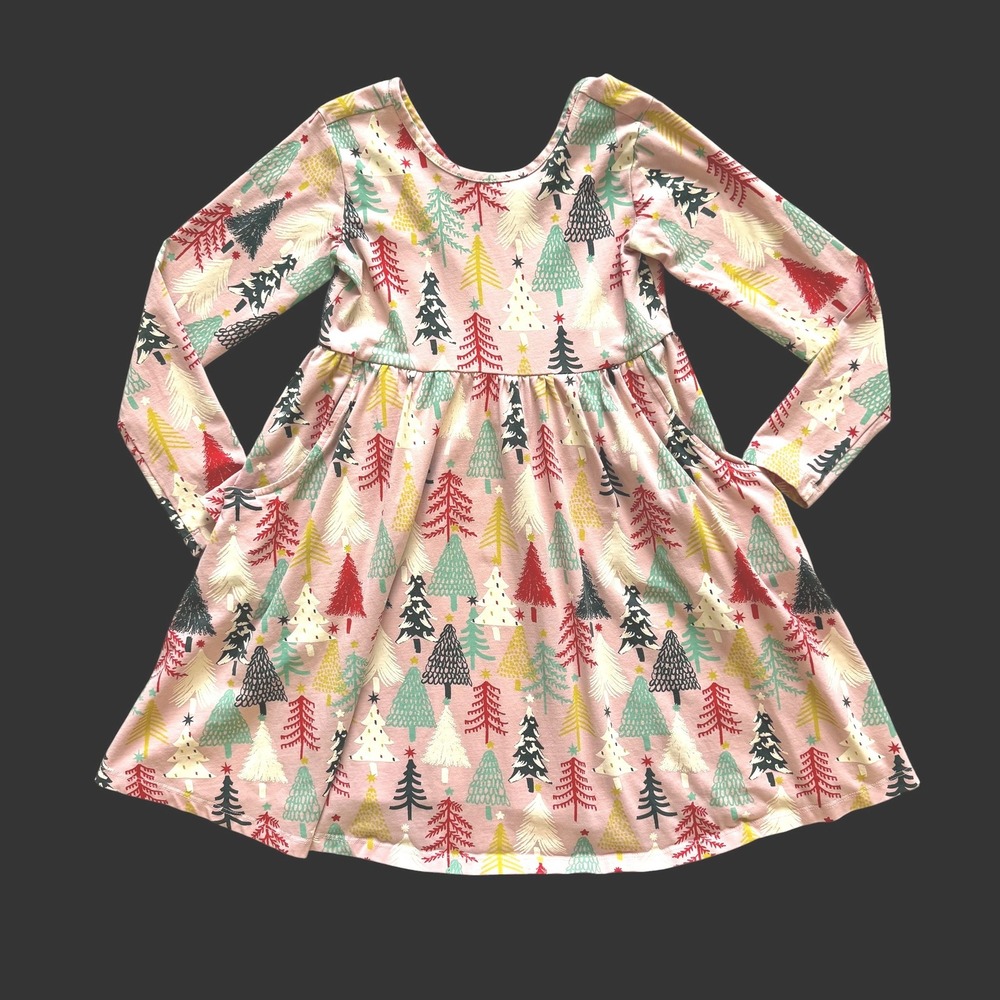 Hanna Andersson Girls Pink Christmas Tree Skater Dress Pockets Sz 8 Holiday